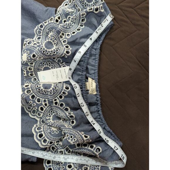 Off the shoulder ruffled blue chambray midi dress w/cream eyelet detail size XL - Picture 7 of 7